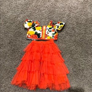 Little Girls cold shoulder Crop Top With Skirt
